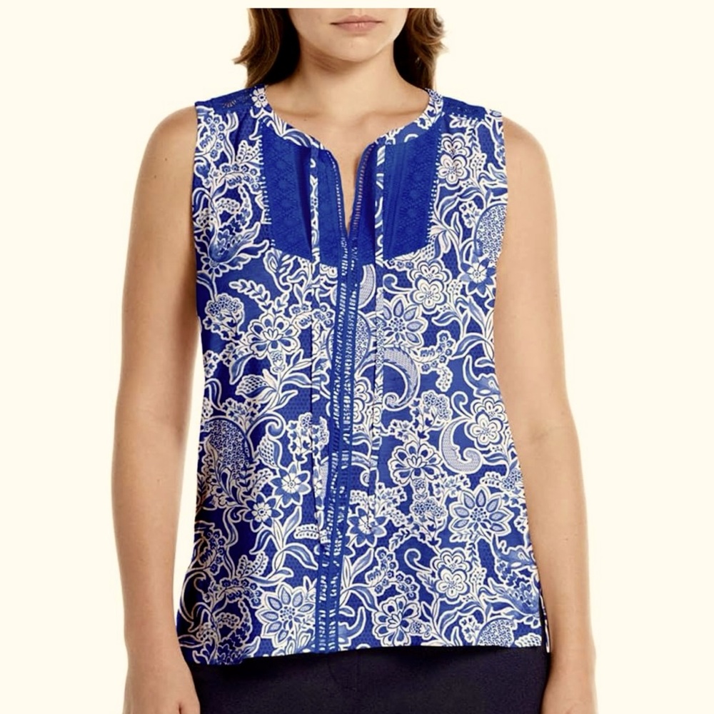 Rafaella Sleeveless Top Floral Blue White Medium Cotton Crochet Trim